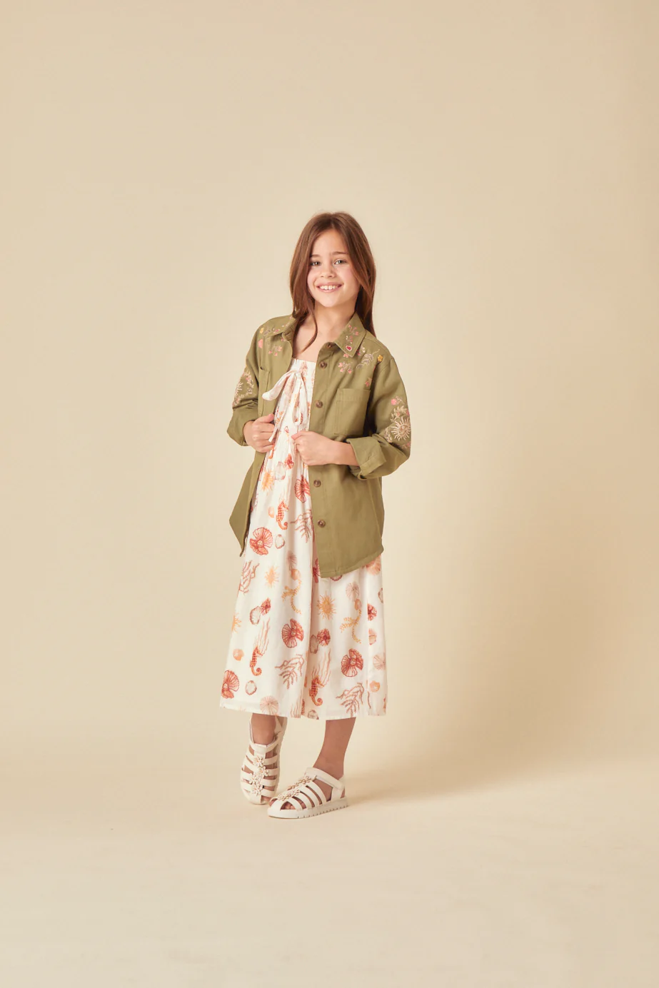 Girls Green Denim Embroidered Shacket - Image 3