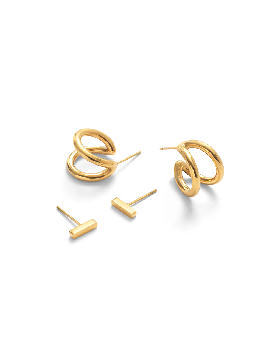 Gold Double Huggie Hoops & Bar Stud Earrings - Image 3