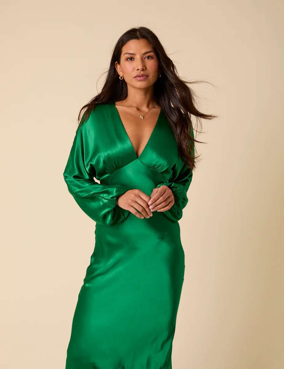 Green Satin Allura Midi Dress - Image 3