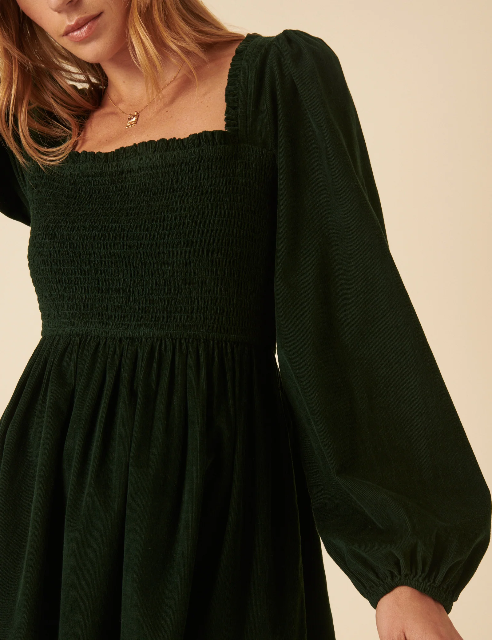 Green Balloon Sleeve Cord Tiered Elsa Mini Dress - Image 4
