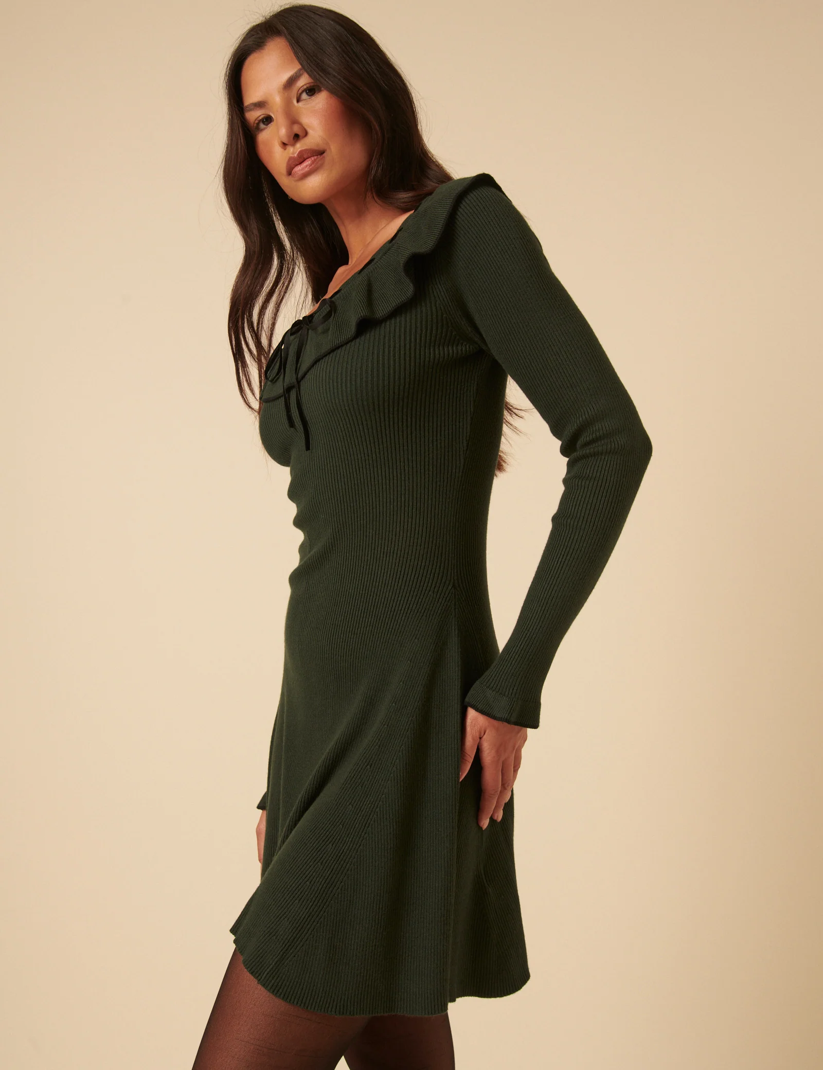 Green Collared Long Sleeve Knitted Mini Dress - Image 4