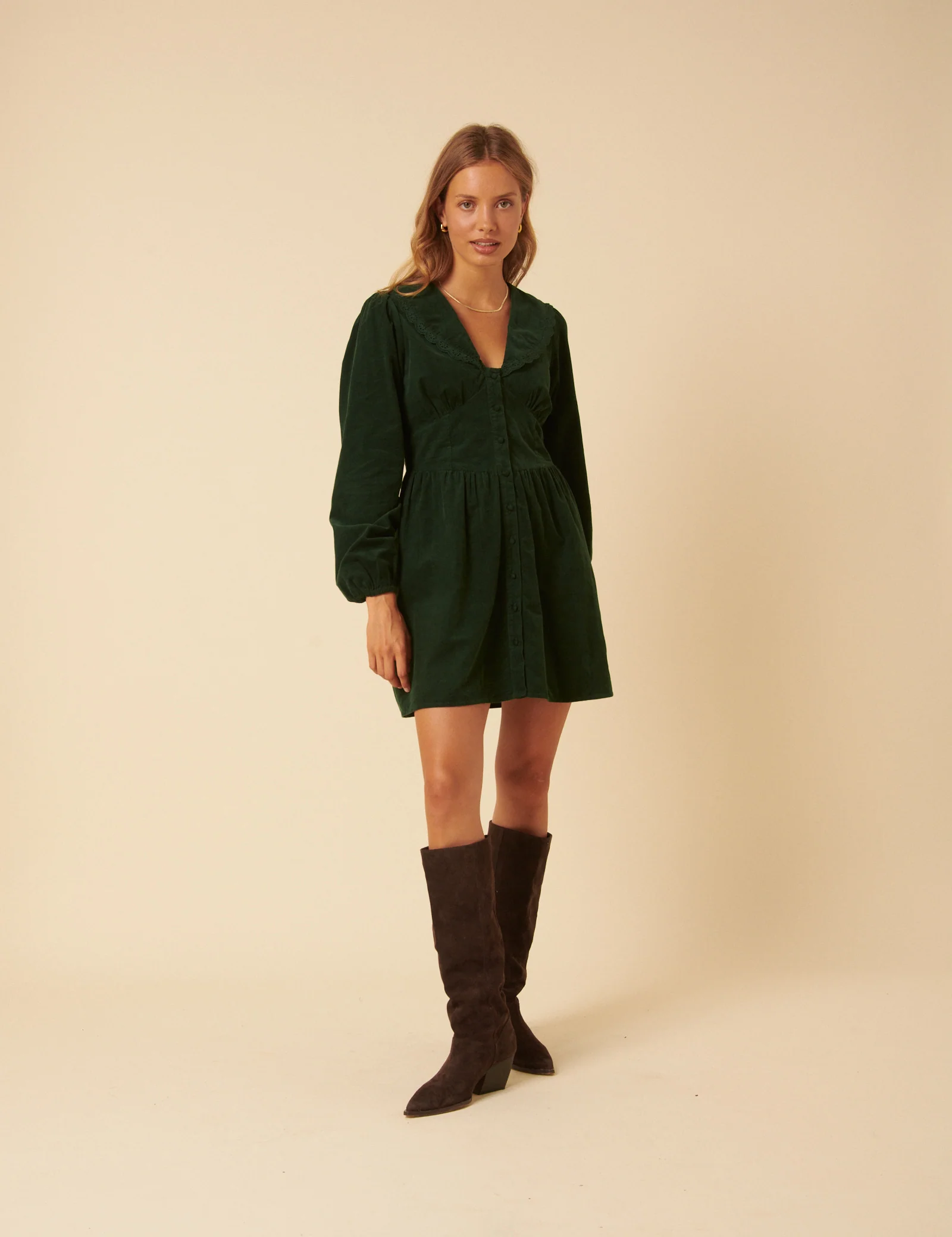Green Cord Peter Pan Collar Meghan Mini Dress - Image 4