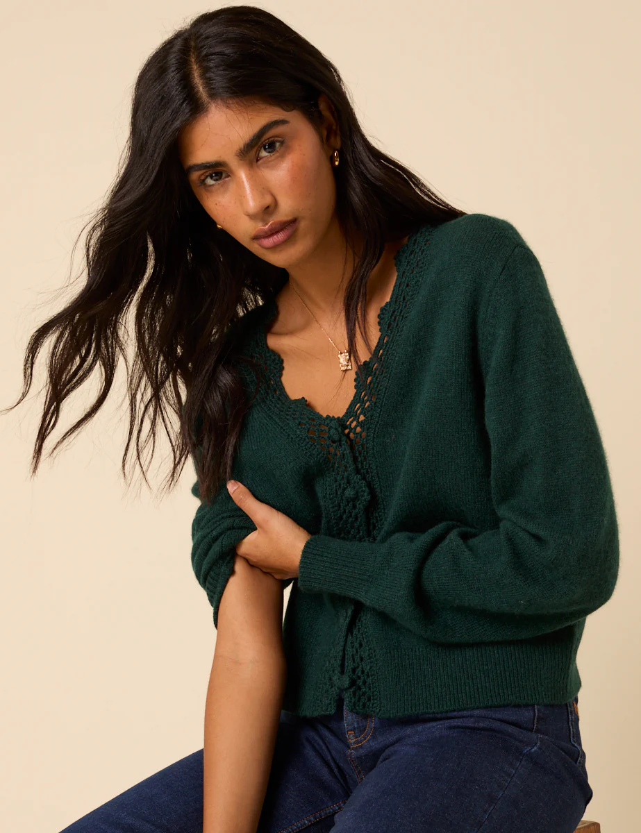 Dark Green Crochet Trim V-Neck Cardigan - Image 4
