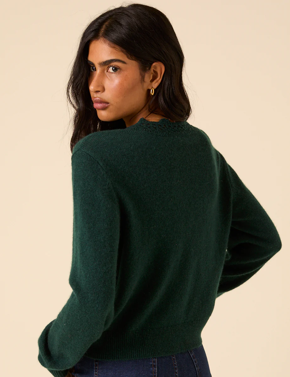 Dark Green Crochet Trim V-Neck Cardigan - Image 5