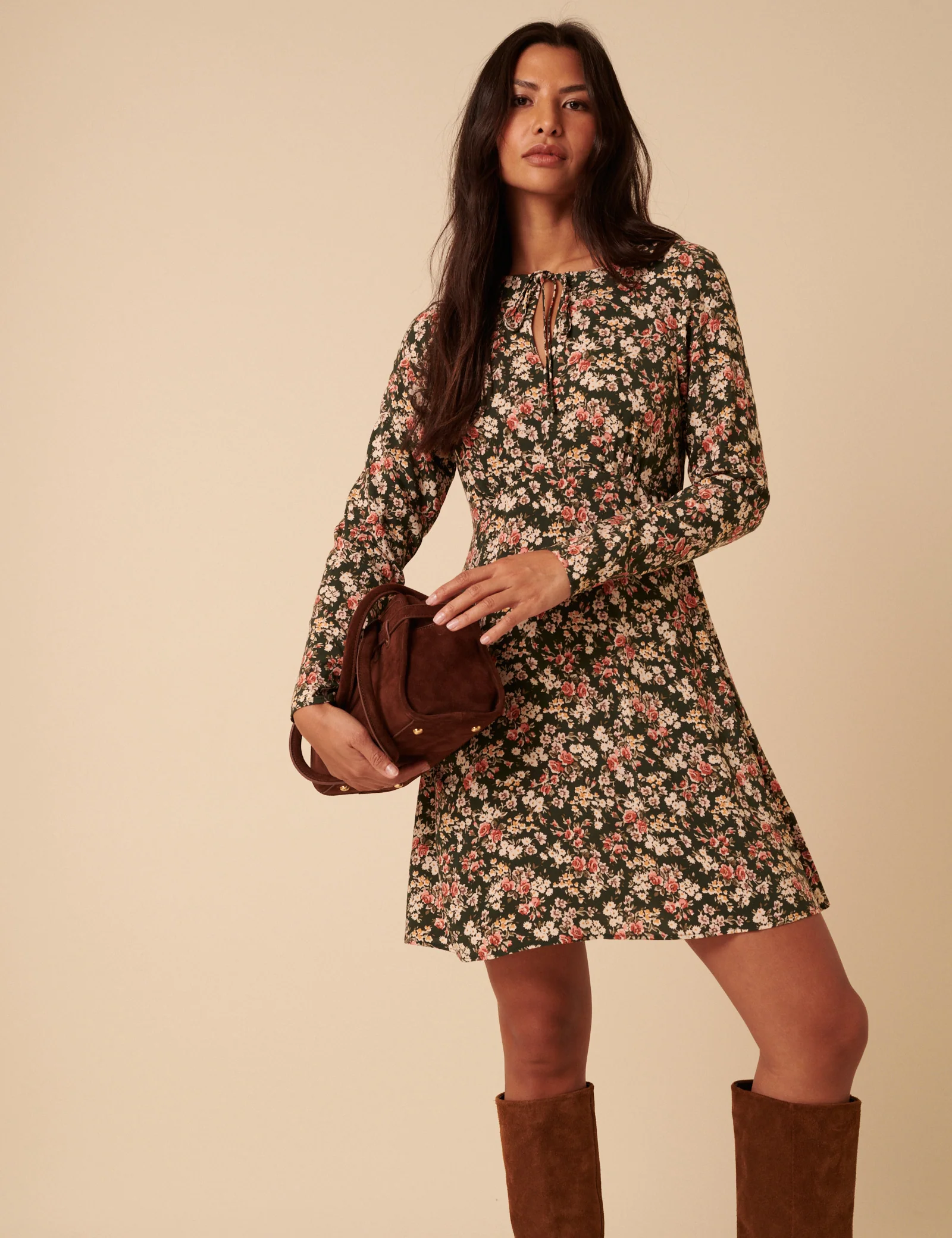Green Ditsy Floral Long Sleeve Tessa Mini Dress - Image 2