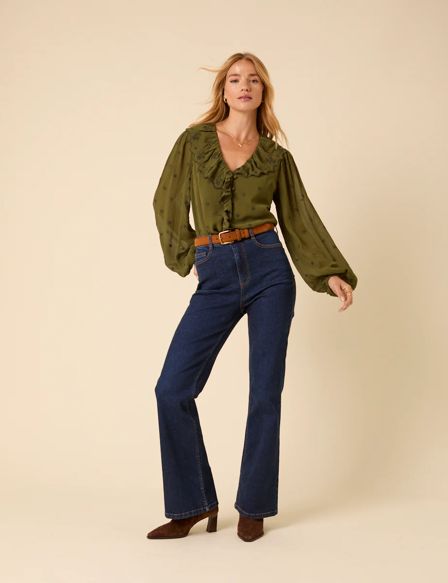 Green Embroidered Ruffle Collar Long Sleeve Blouse - Image 3
