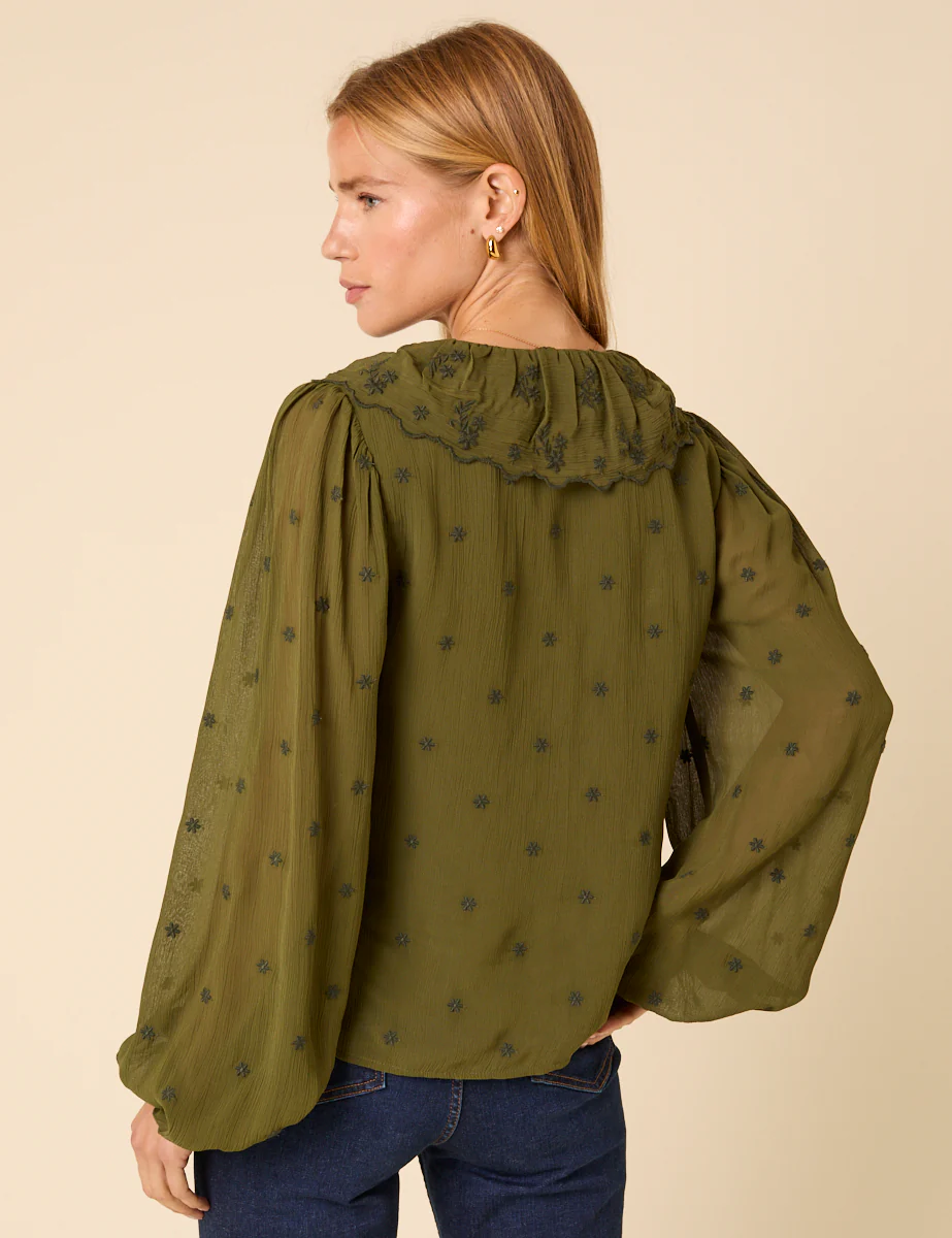 Green Embroidered Ruffle Collar Long Sleeve Blouse - Image 4