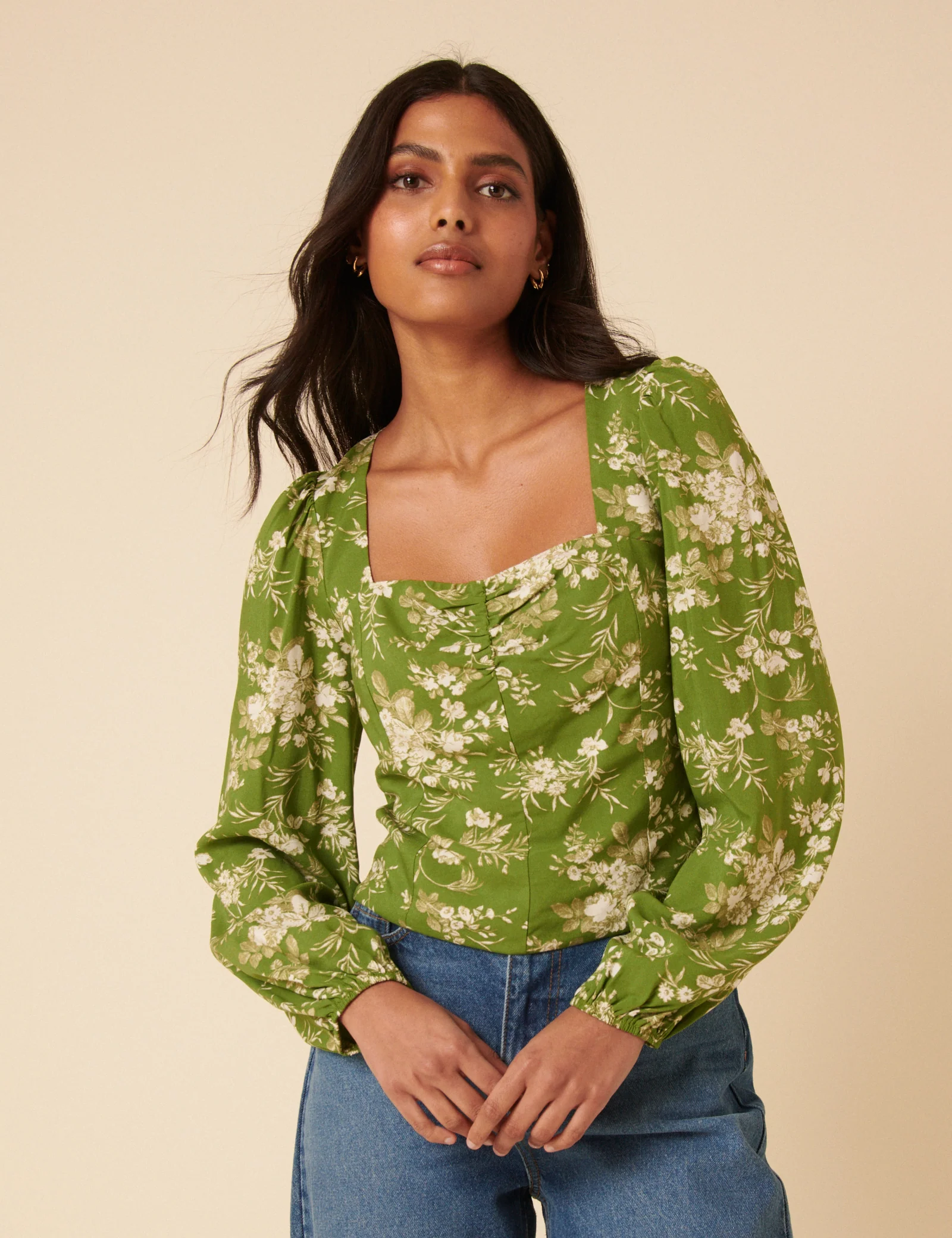 Green Floral Balloon Sleeve Top - Image 2