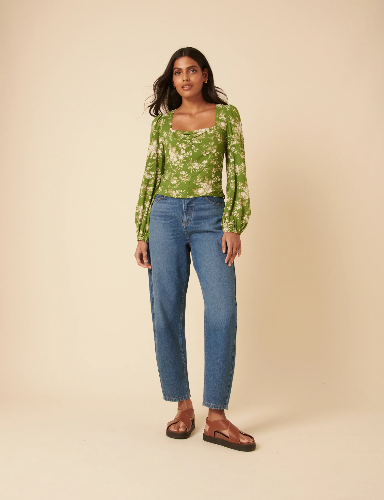 Green Floral Balloon Sleeve Top - Image 3