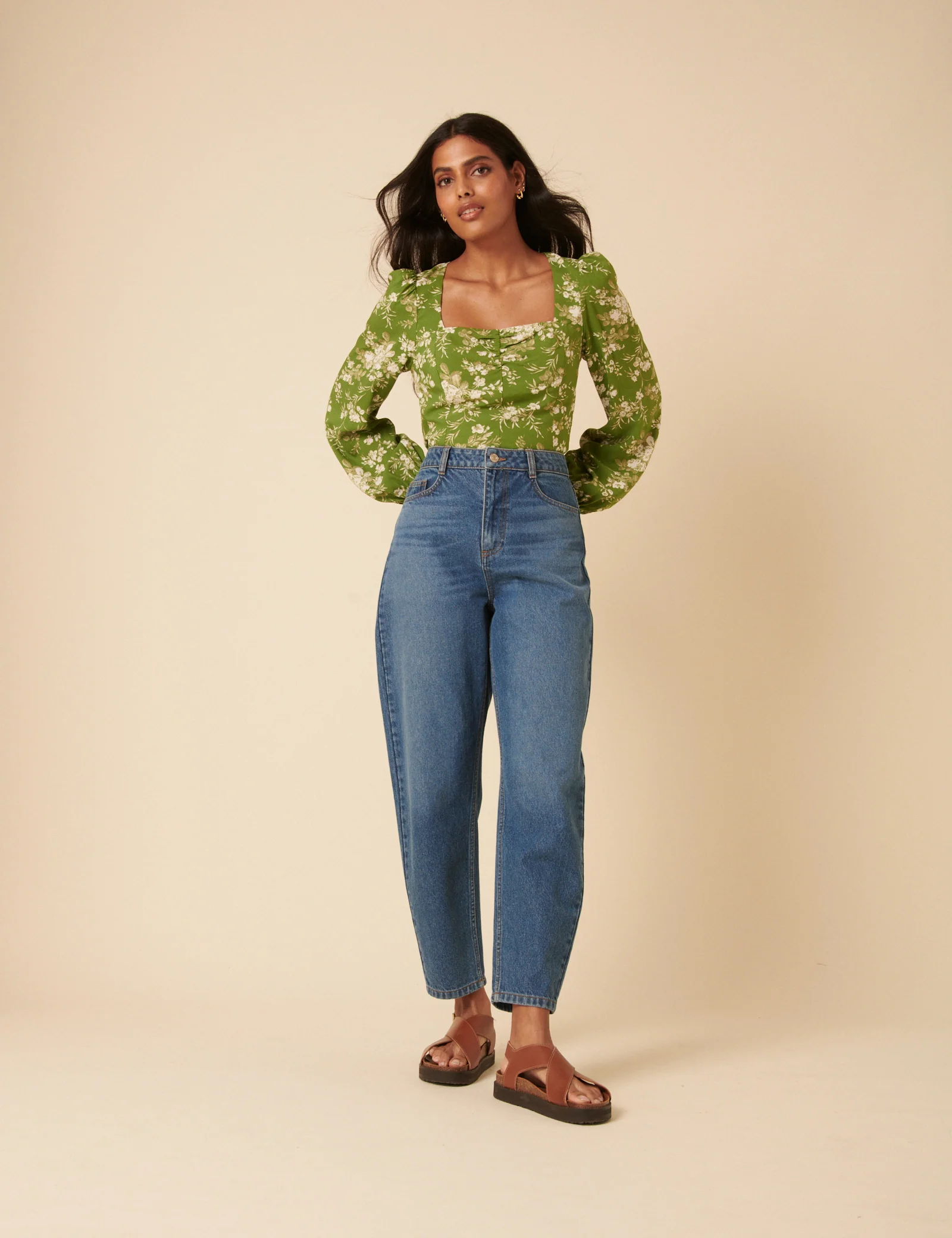 Green Floral Balloon Sleeve Top - Image 5