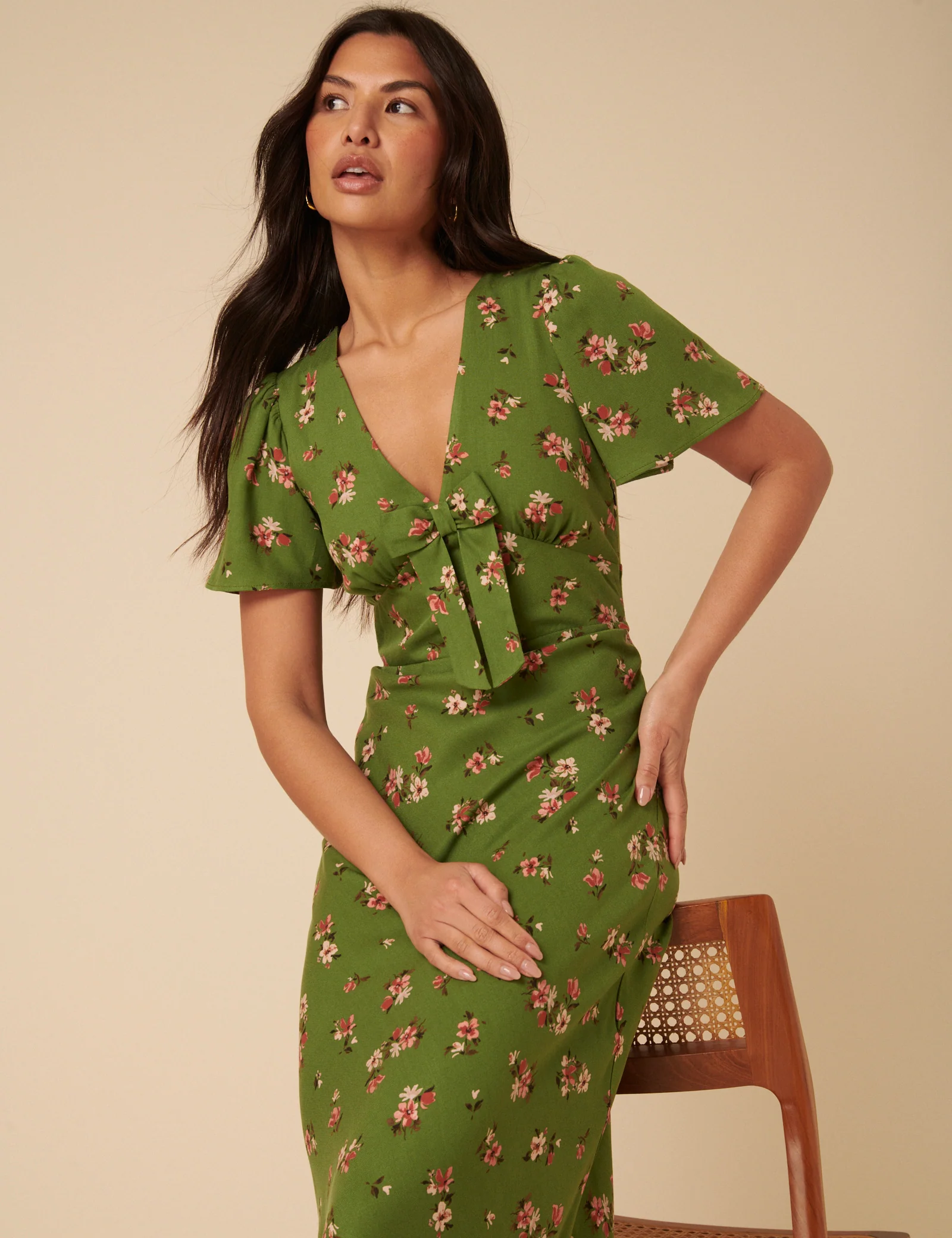 Green Floral Bow Front Faith Midi Dress - Image 5
