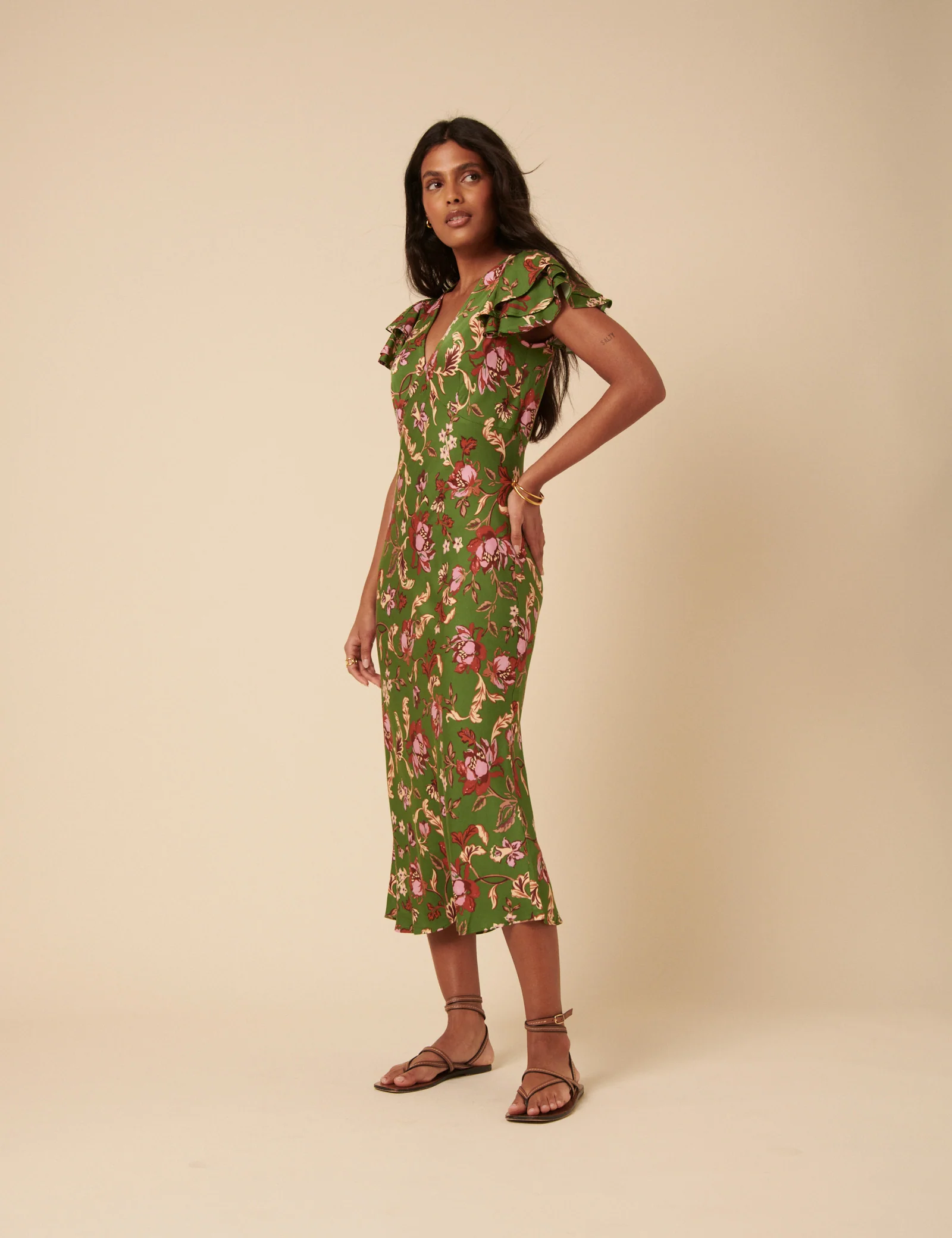 Green Floral Frill Sleeve Layla Midi Dress - Image 5