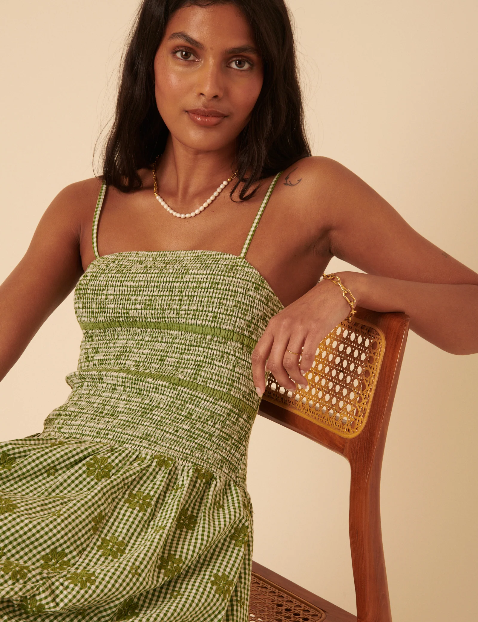 Green Gingham Embroidered Bubble Hem Sofia Mini Dress - Image 2