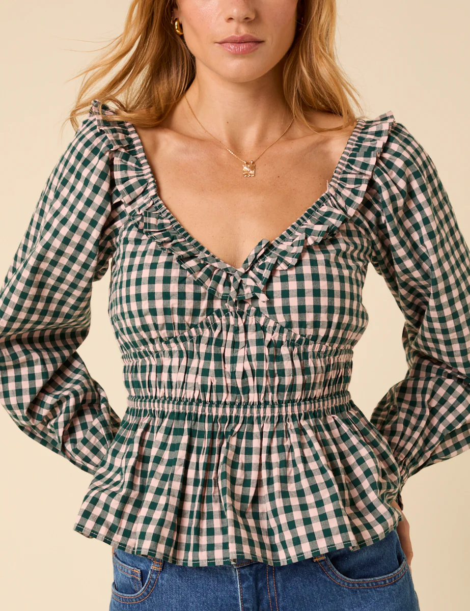 Green Gingham Shirred Top - Image 3