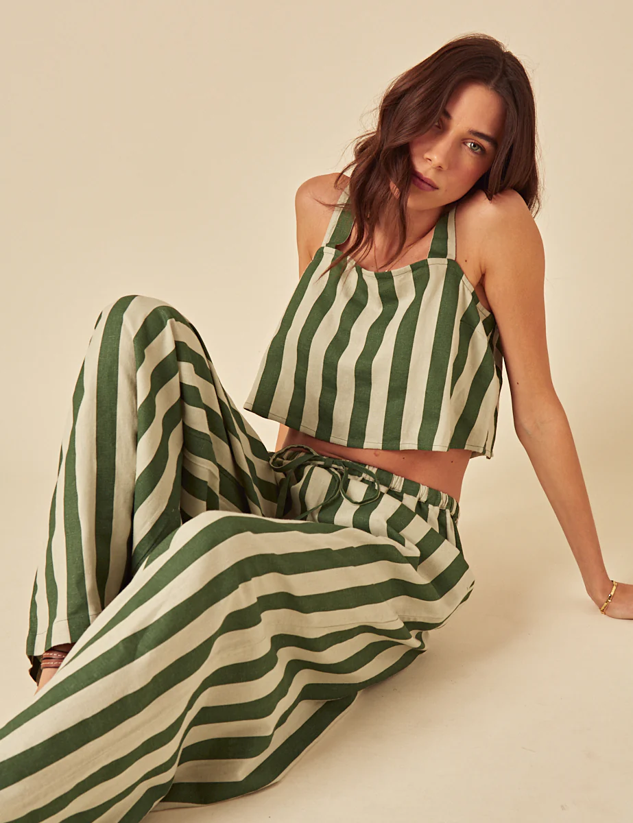 Green Linen-Blend Striped Trousers - Image 2