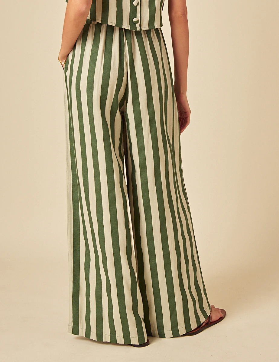 Green Linen-Blend Striped Trousers - Image 4
