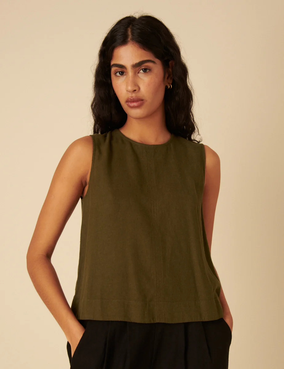 Green Linen-Blend Swing Top