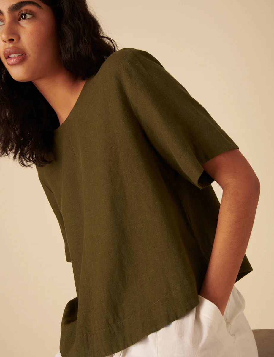 Green Linen-Blend Short Sleeve Top - Image 2