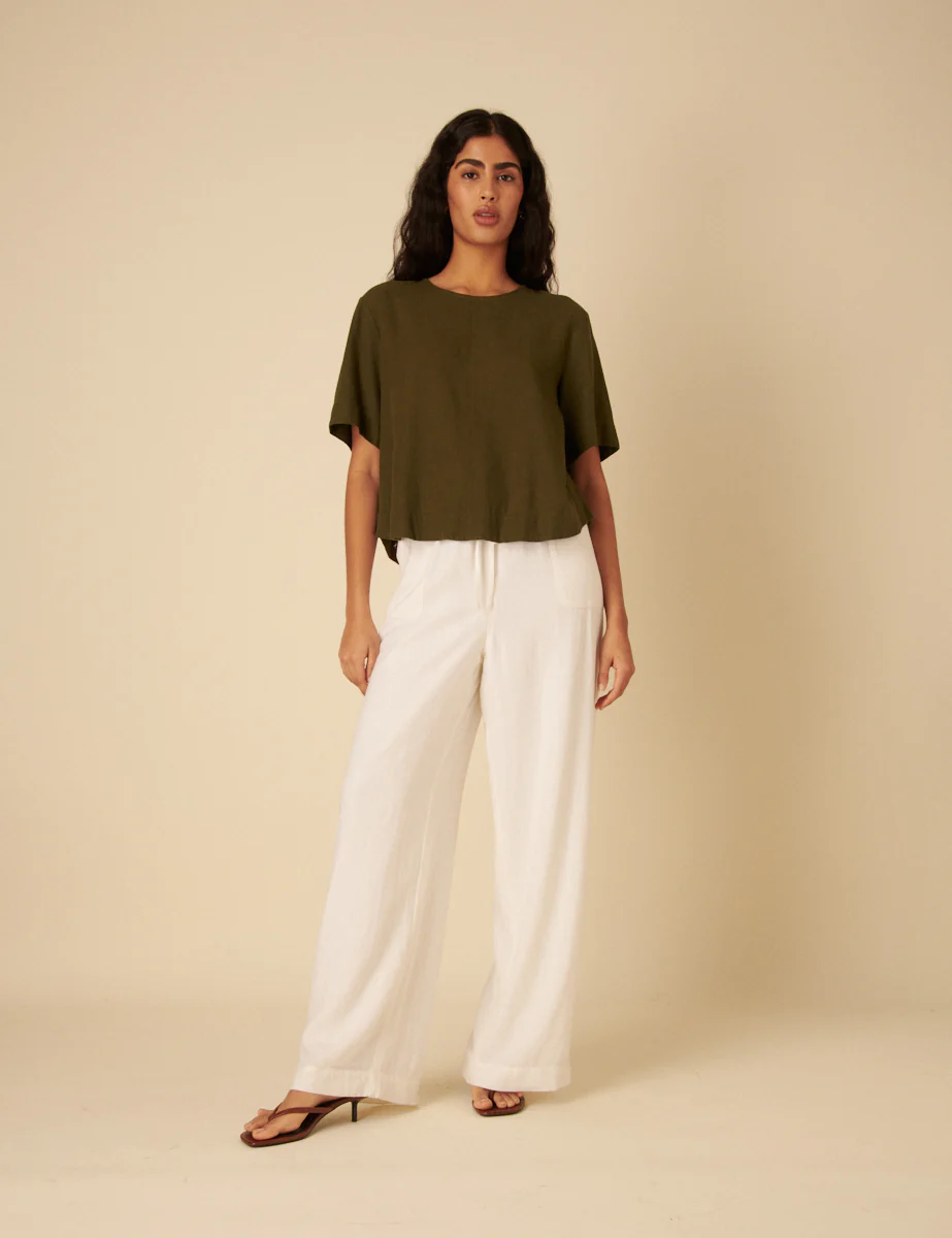 Green Linen-Blend Short Sleeve Top - Image 3