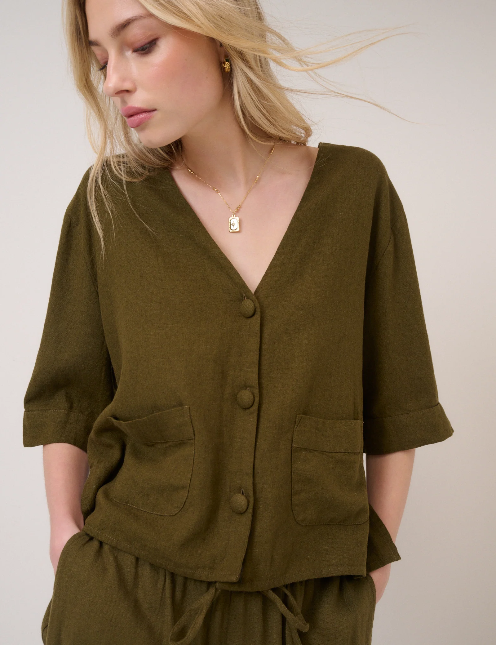 Green Linen-Blend Short Sleeve Shirt