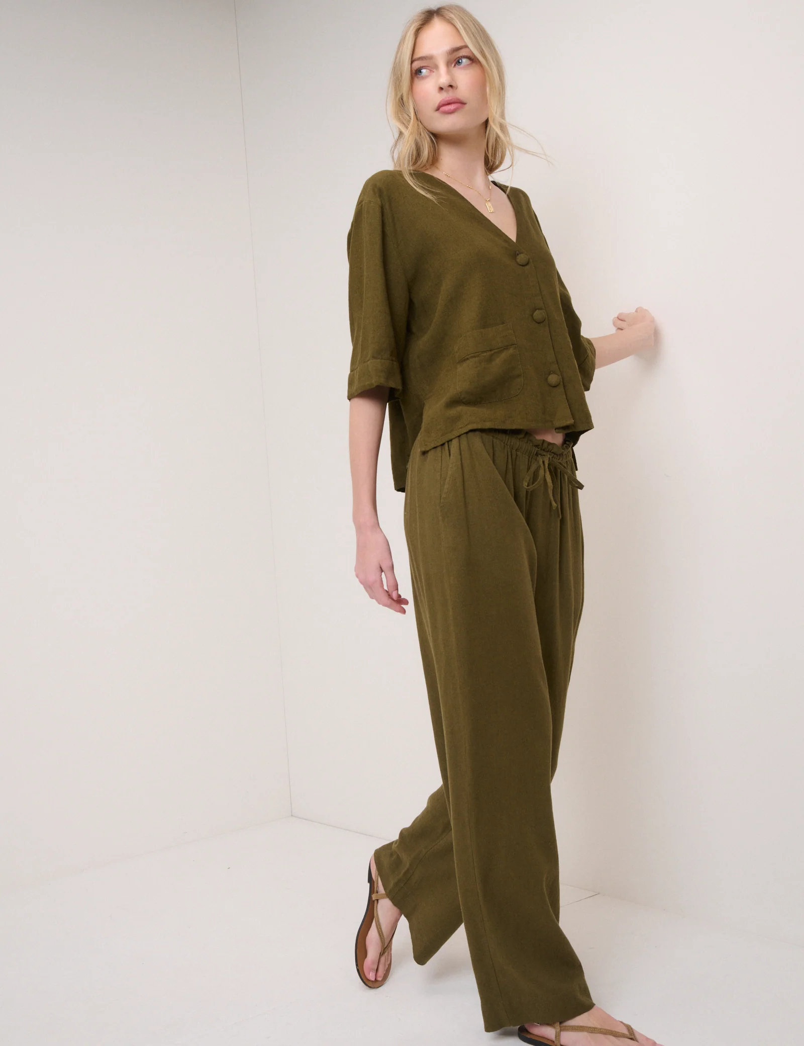 Green Linen-Blend Short Sleeve Shirt - Image 3
