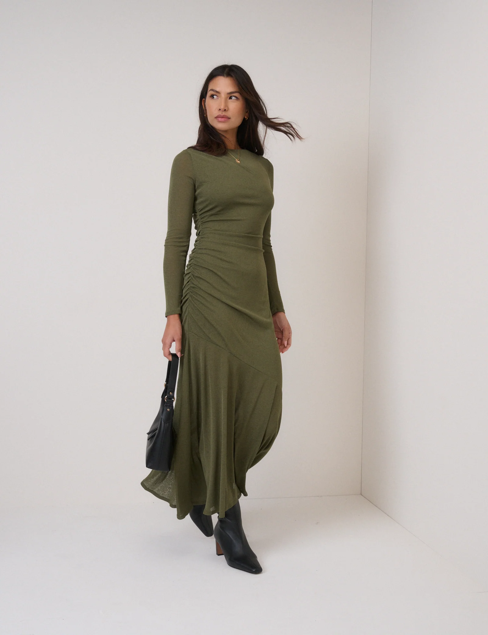 Green Long Sleeve Draped Tallulah Jersey Midi Dress