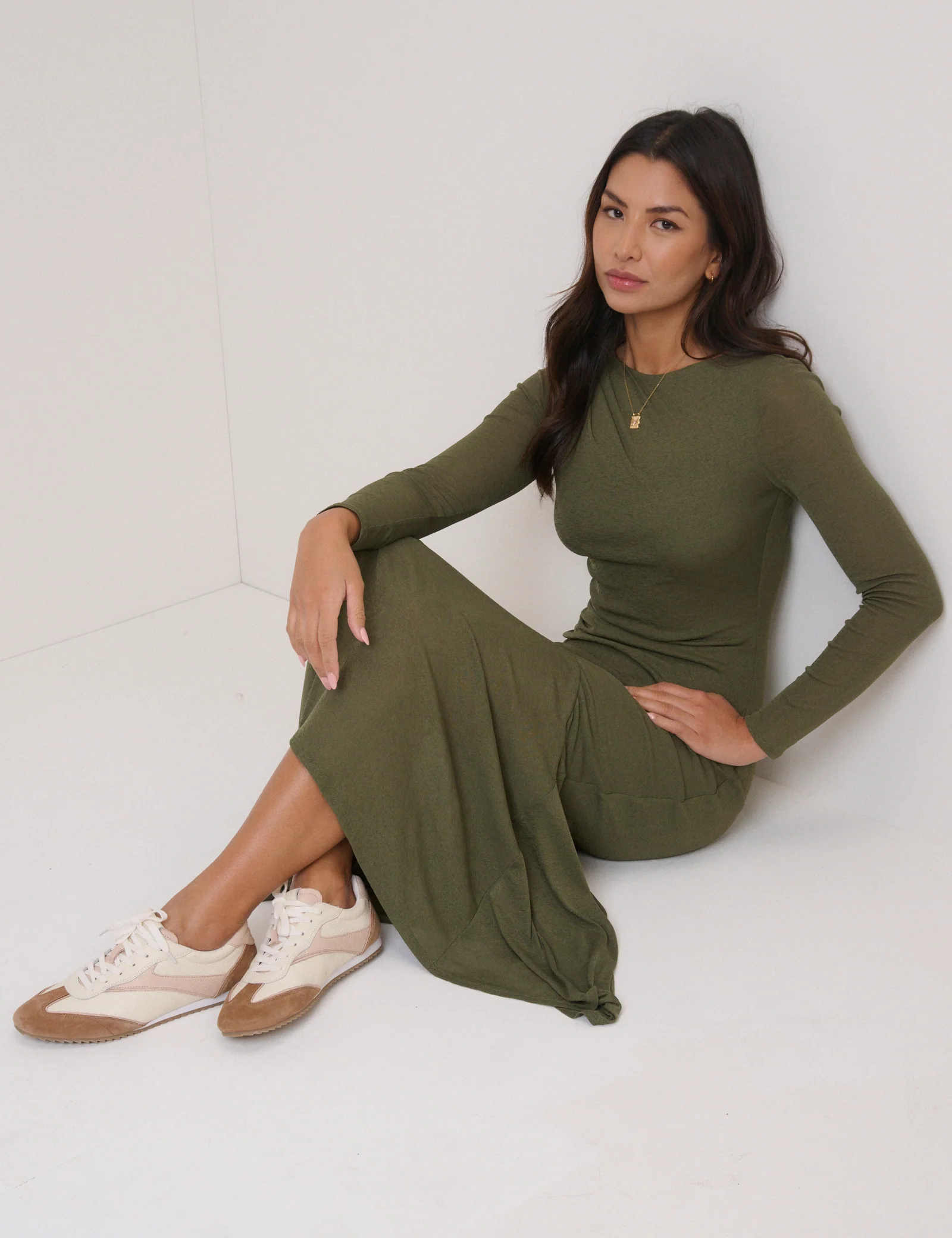 Green Long Sleeve Draped Tallulah Jersey Midi Dress - Image 4