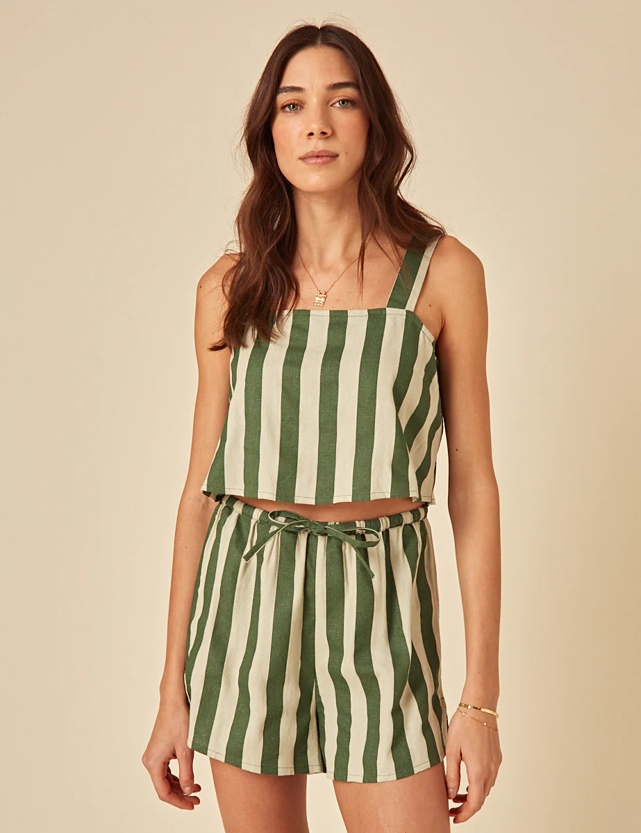Green Striped Linen-Blend Shorts - Image 3