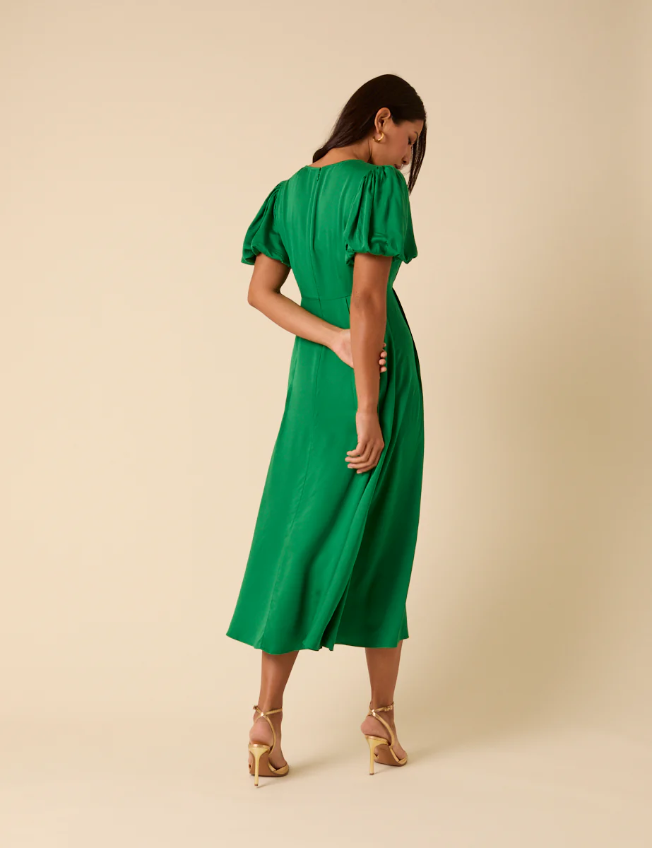 Green Satin Puff Sleeve Quinn Midi Dress - Image 5