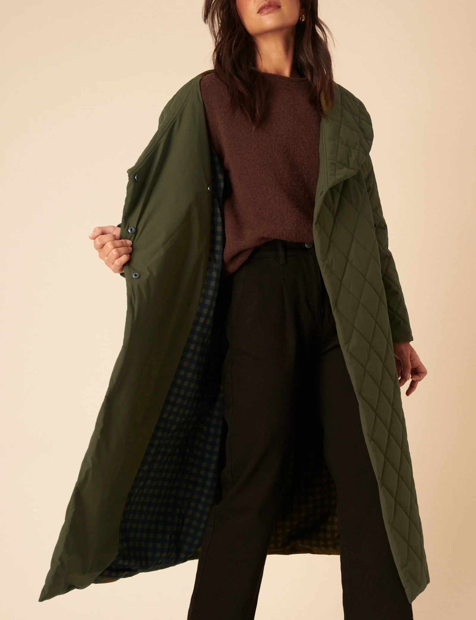 Green Quilted Tie Belt Coat - Image 2