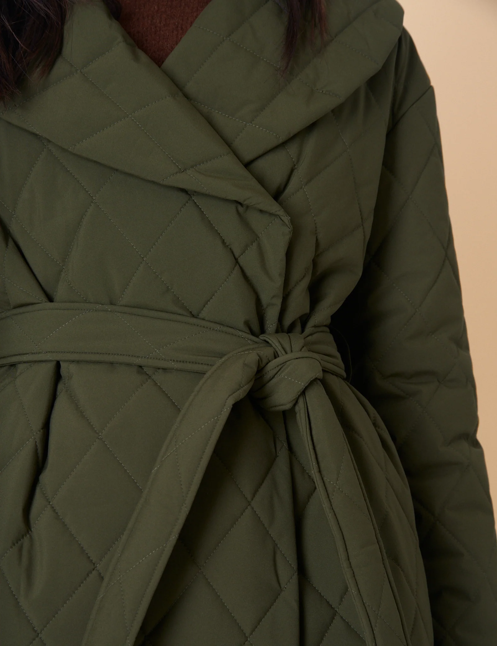 Green Quilted Tie Belt Coat - Image 4