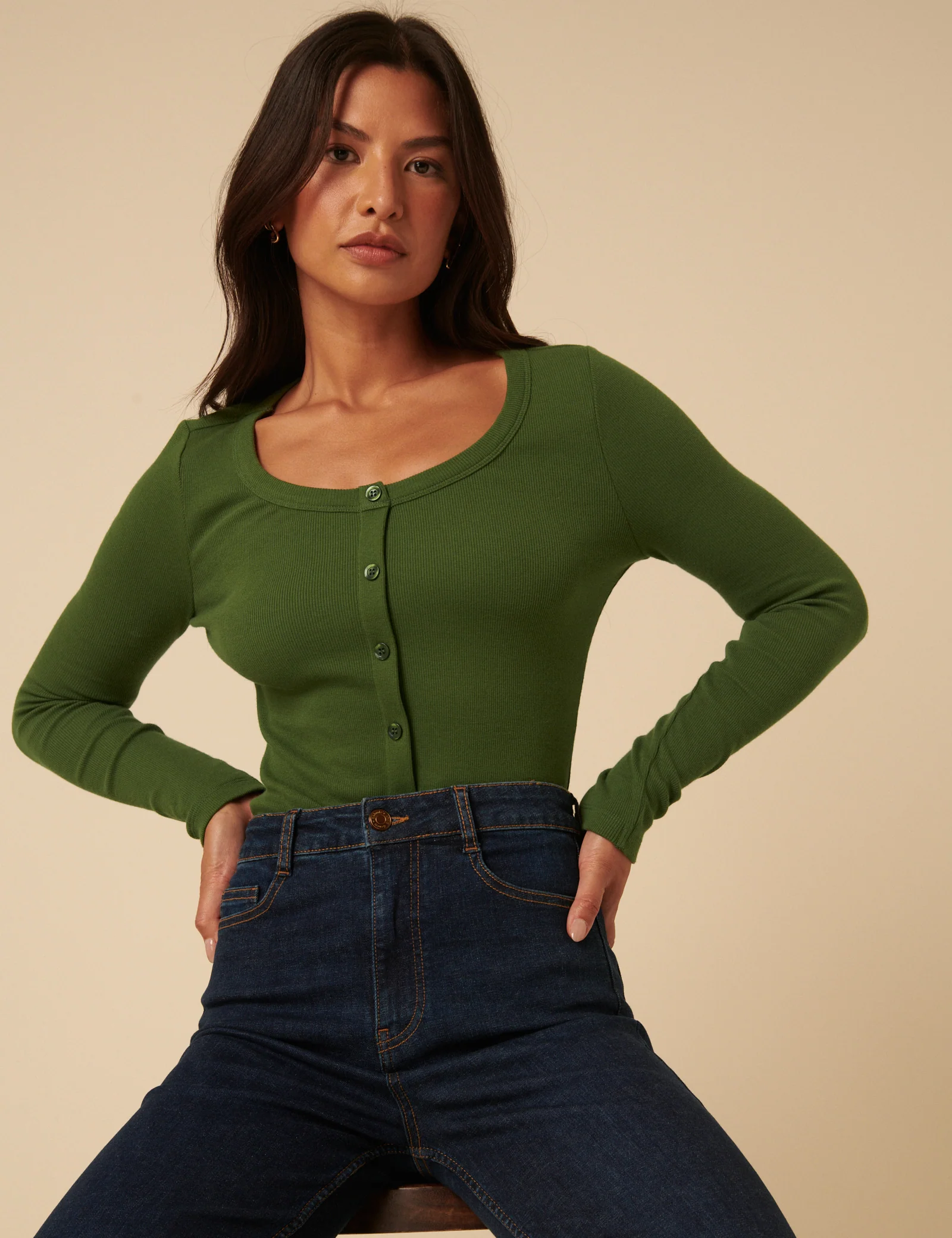 Green Ribbed Round Neck Long Sleeve Top - Image 4