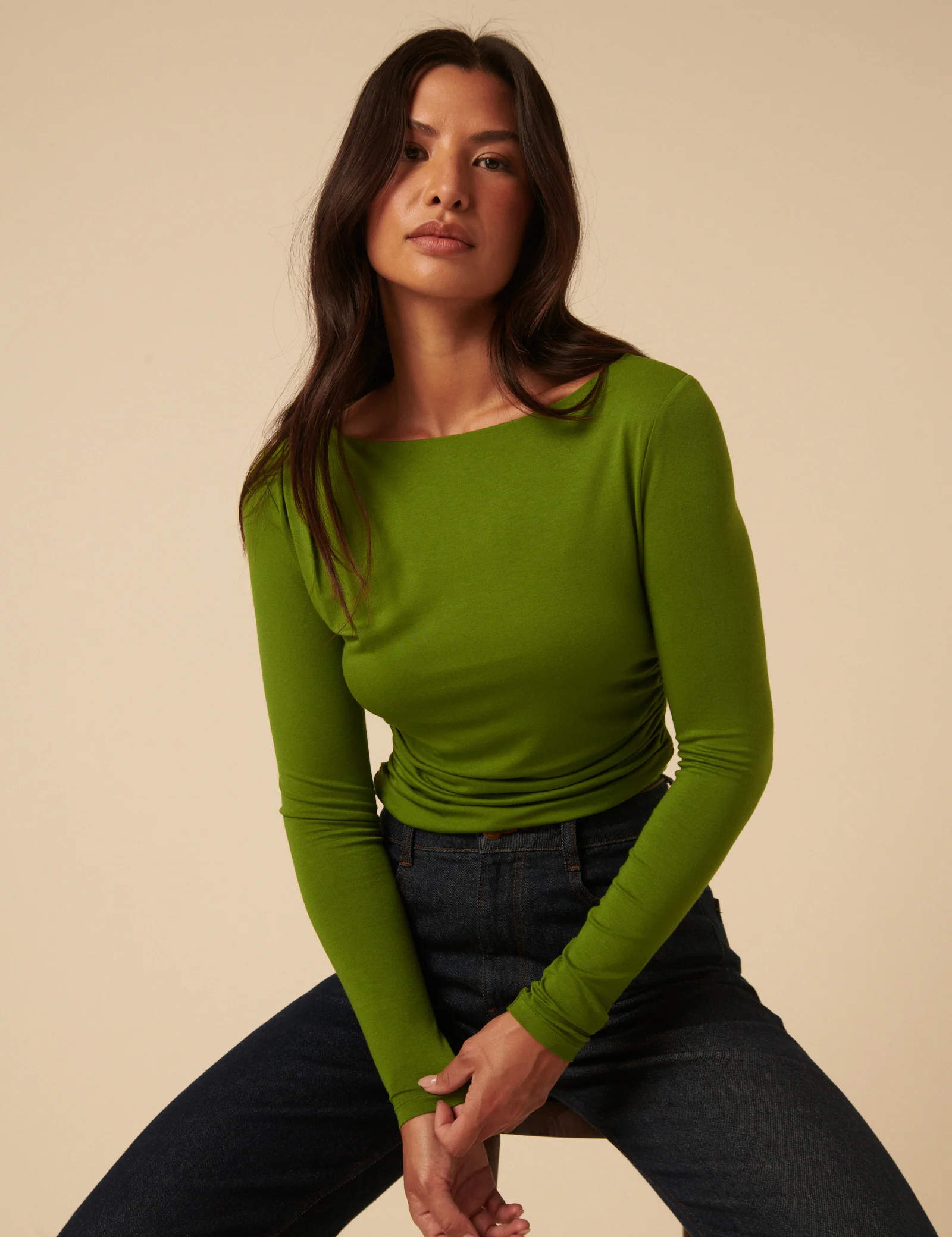 Green Ruched Long Sleeve Jersey Top - Image 2