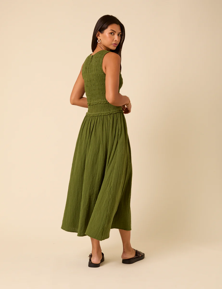 Green Shirred Bodice Ingrid Midi Dress - Image 4
