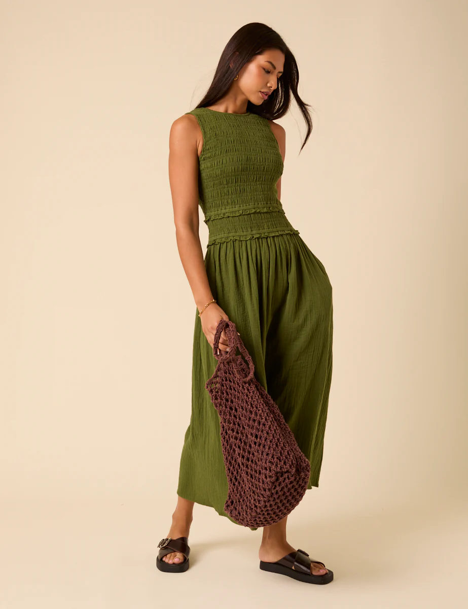 Green Shirred Bodice Ingrid Midi Dress - Image 5