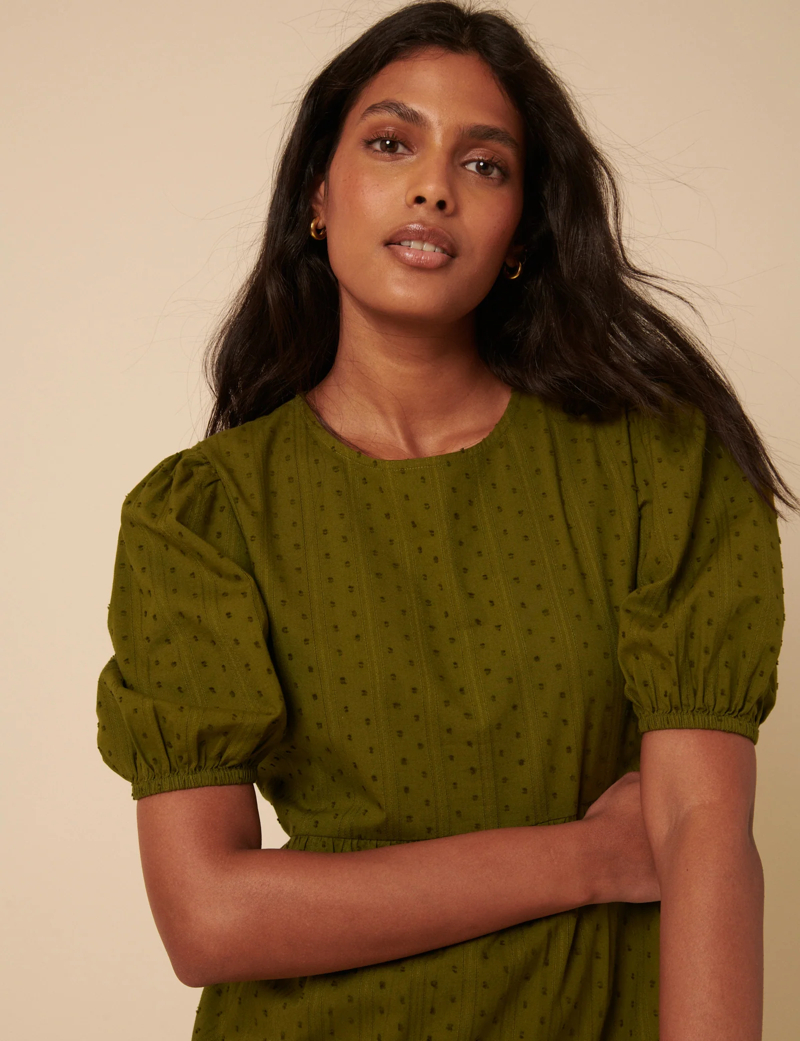 Green Spotty Puff Sleeve Betty Midi Dress - Image 2