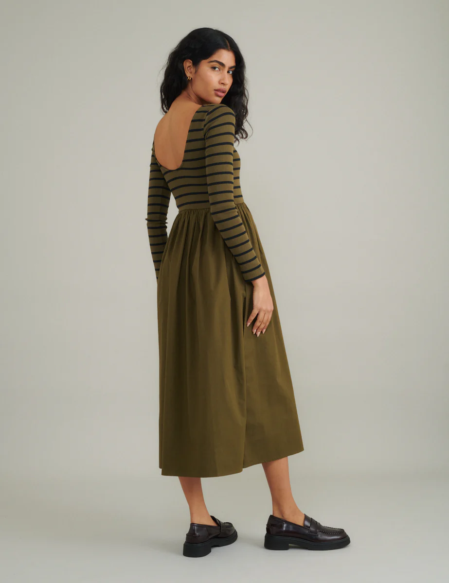 Green Striped Long Sleeve A-Line Penni Midi Dress - Image 4