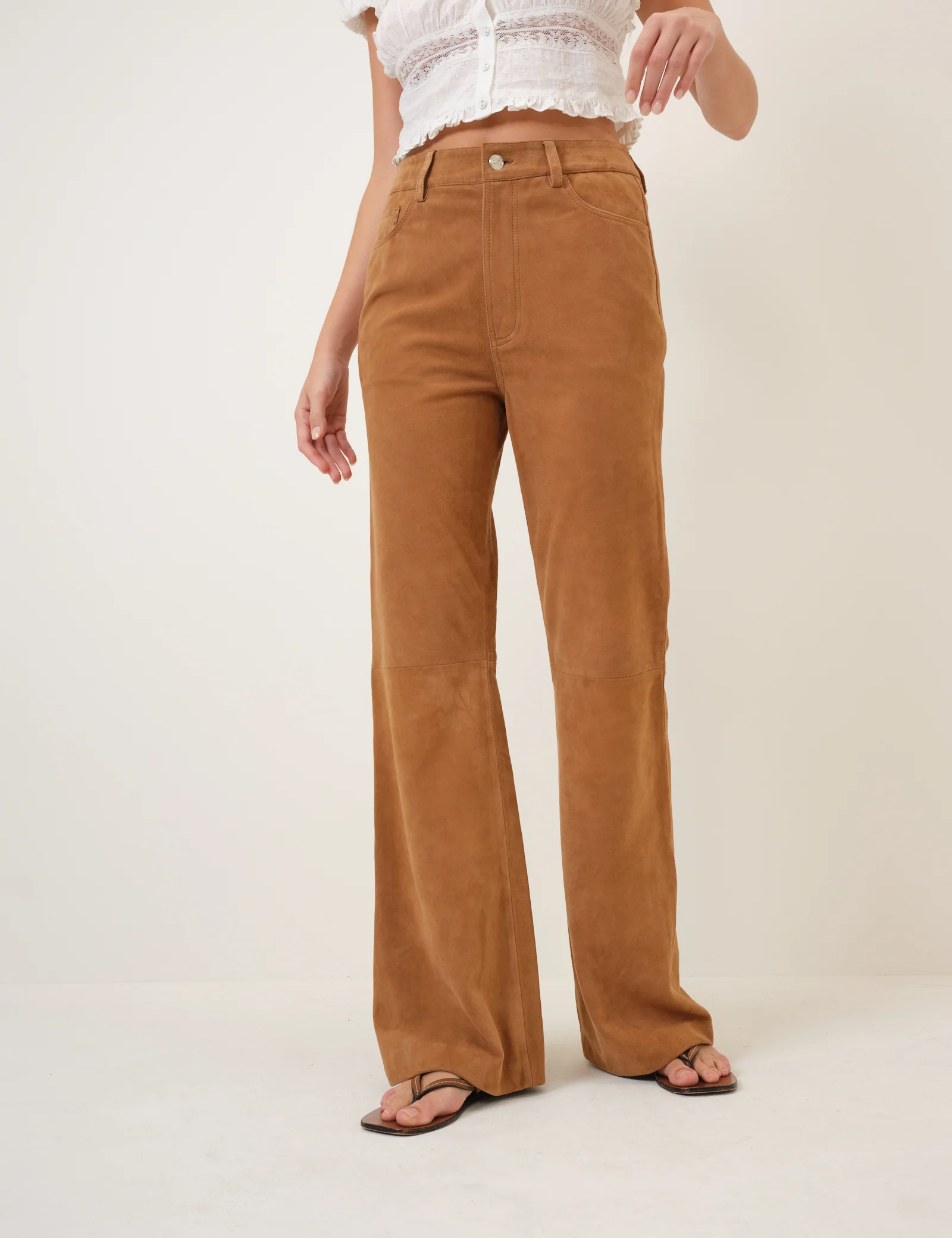 Brown Suede Flare Trousers - Image 2