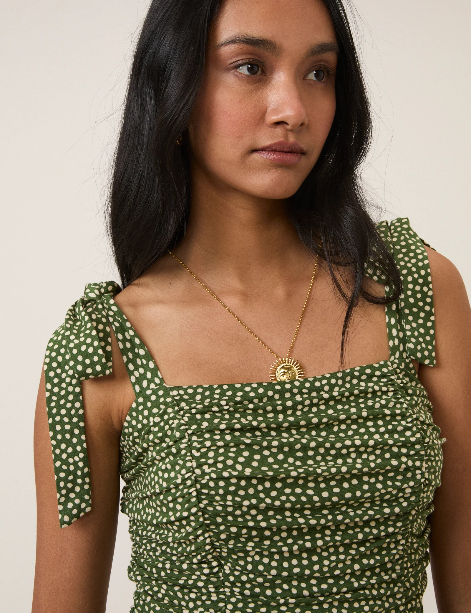 Green Polka Dot Tie Shoulder Jersey Jumpsuit - Image 3