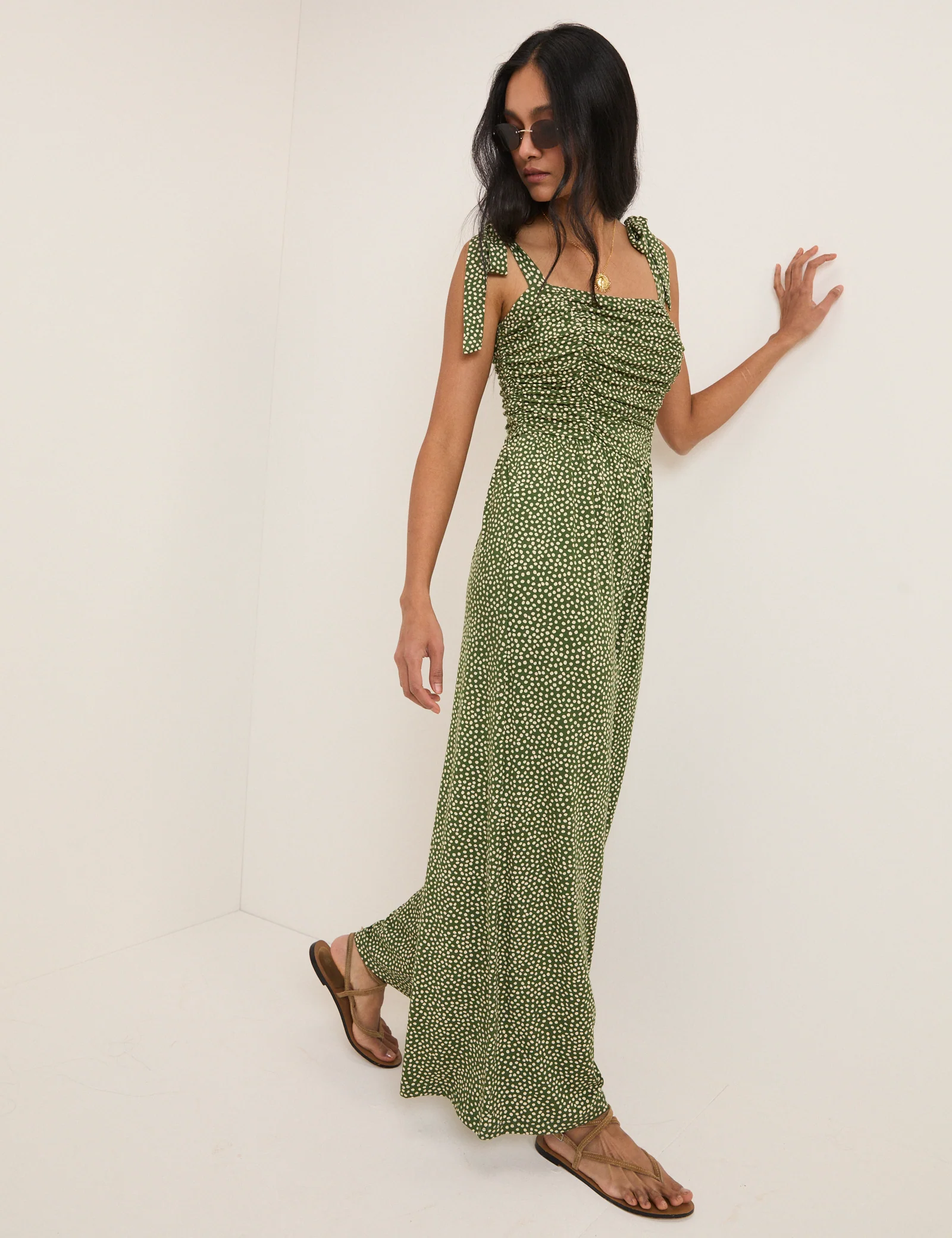 Green Polka Dot Tie Shoulder Jersey Jumpsuit - Image 4