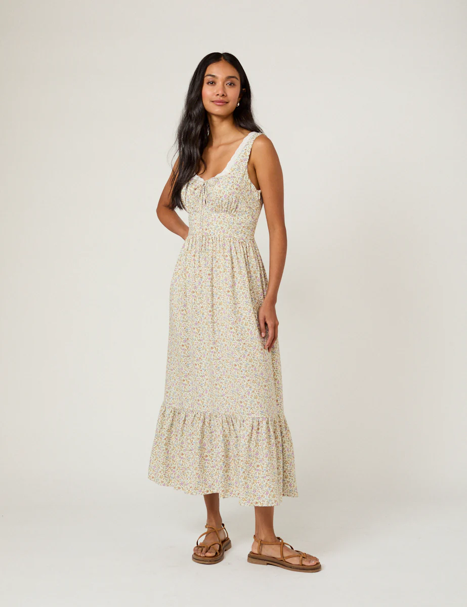White Ditsy Floral Tiered Heather Midi Dress - Image 3