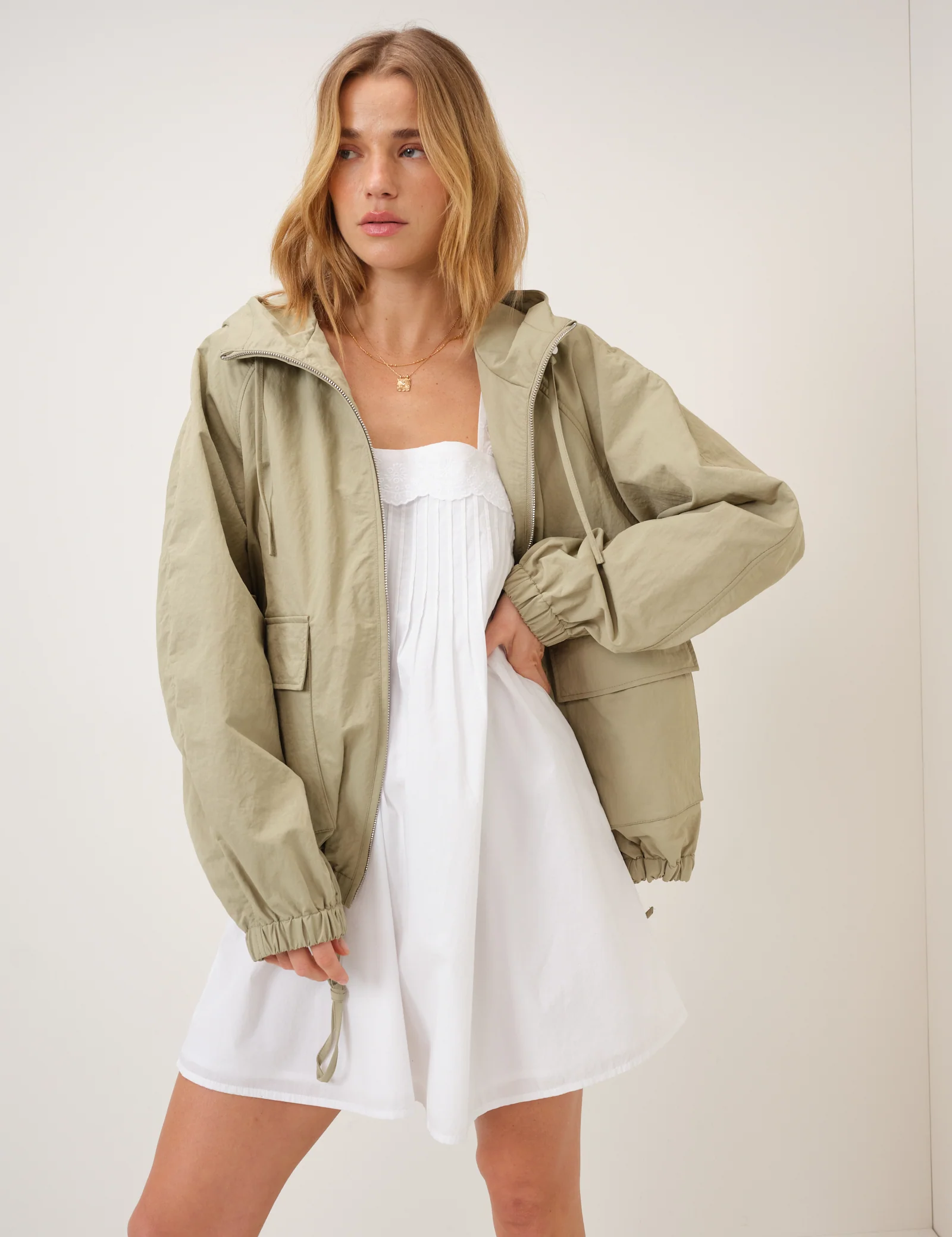 Green Hooded Funnel Neck Windbreaker Jacket - Image 4