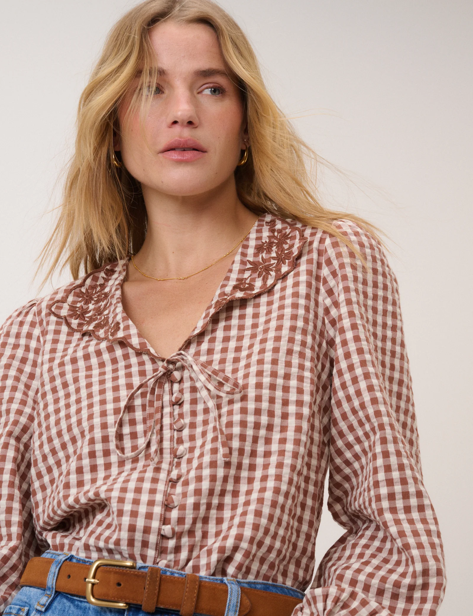 Brown Gingham Embroidered Floral Collar Blouse - Image 3