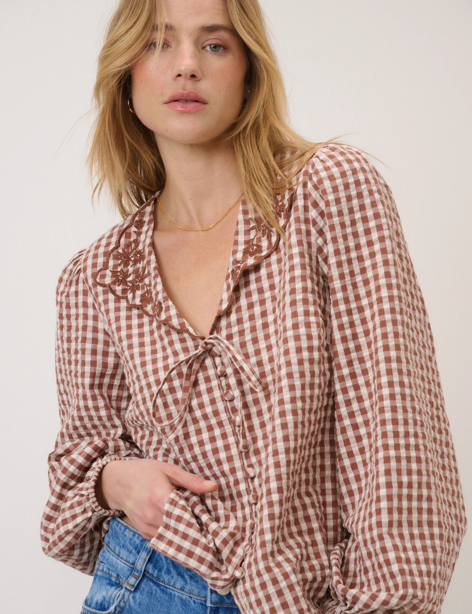 Brown Gingham Embroidered Floral Collar Blouse - Image 4
