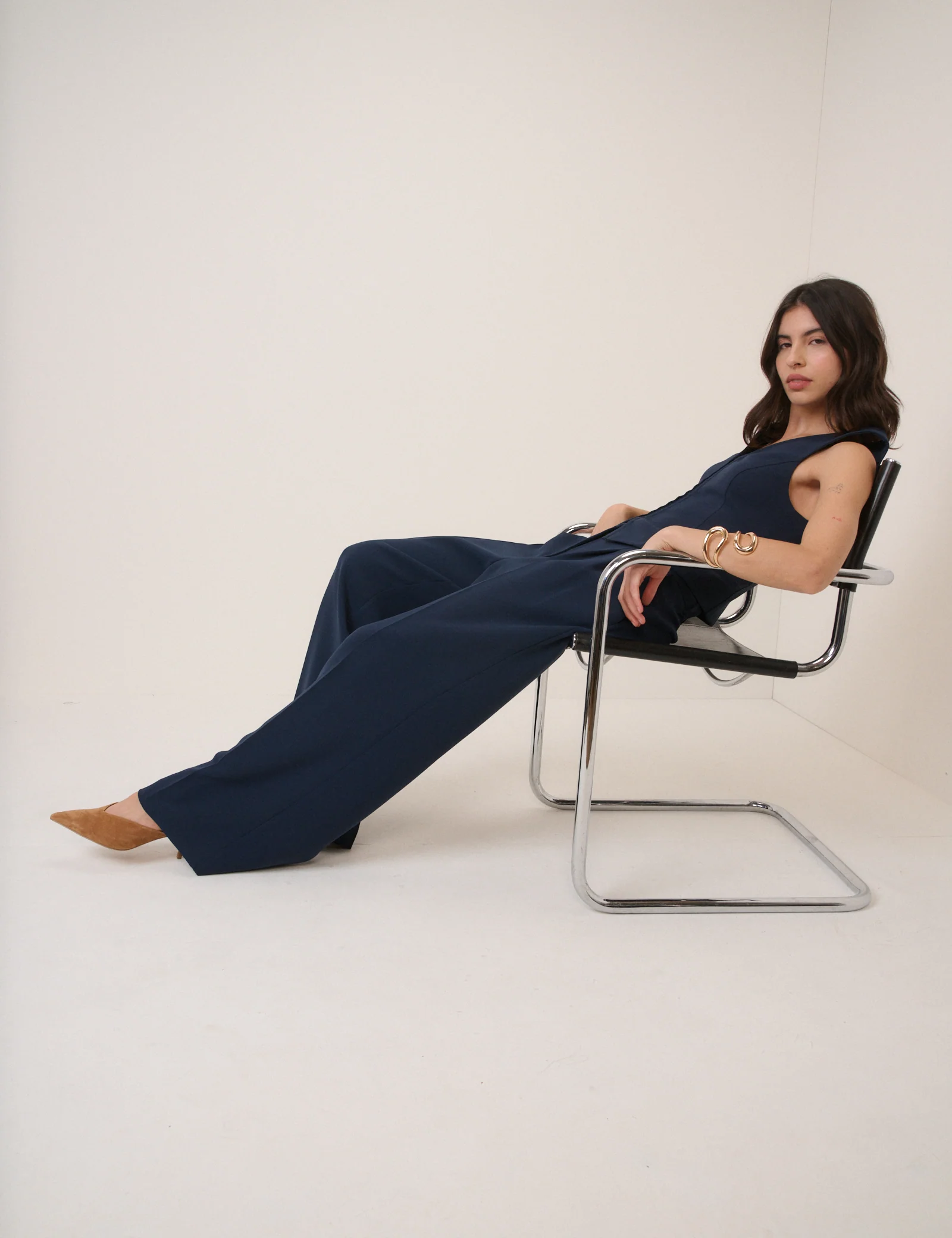 Navy Wide Leg Jax Crepe Trousers - Image 5
