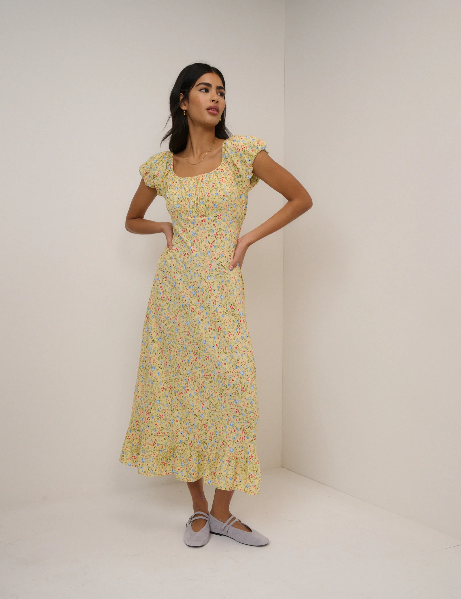 Butter Yellow Ditsy Floral Jemima Midi Dress - Image 2