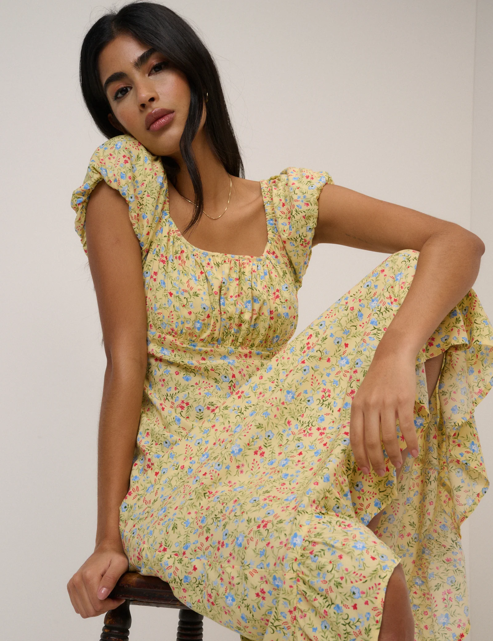 Butter Yellow Ditsy Floral Jemima Midi Dress - Image 3