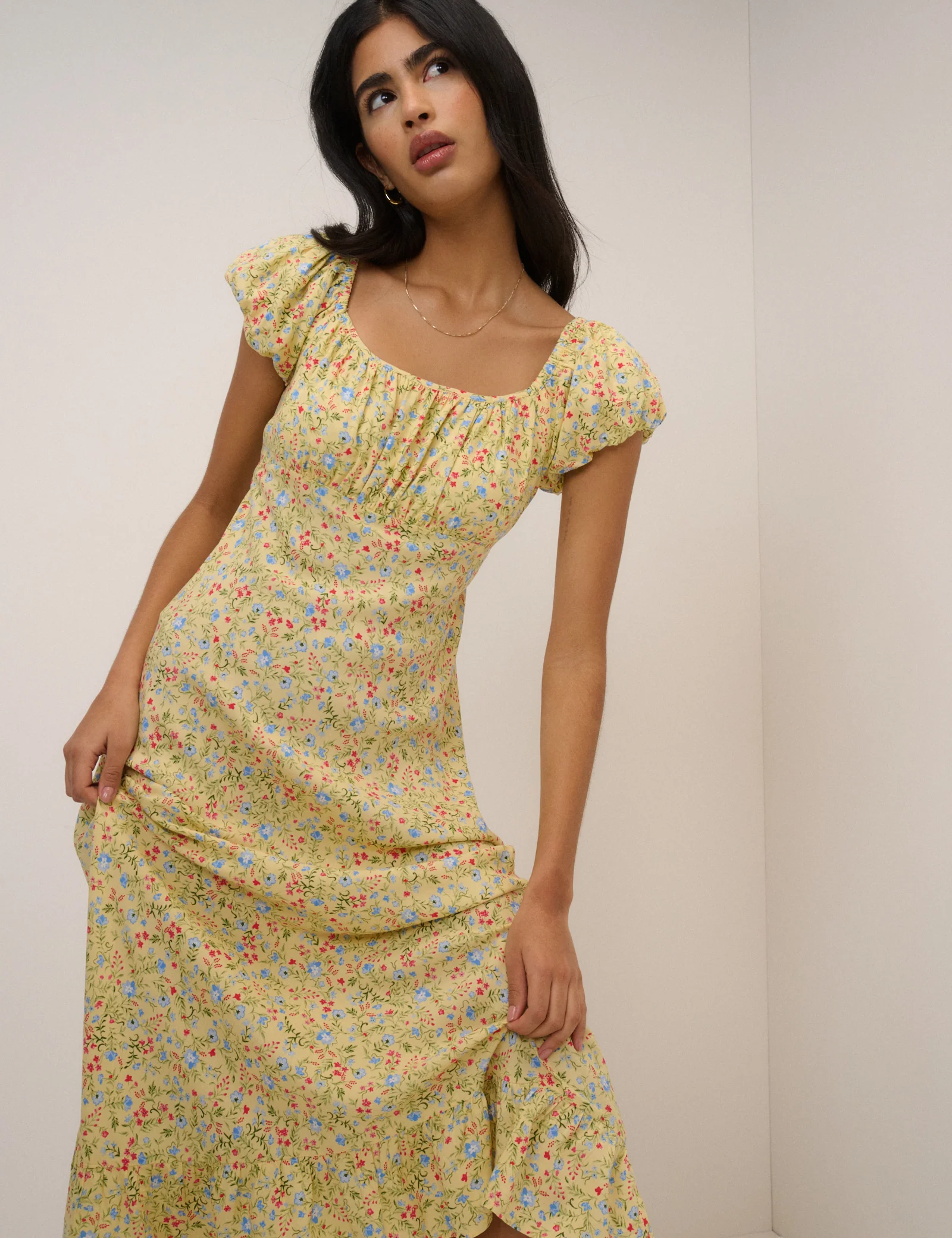 Butter Yellow Ditsy Floral Jemima Midi Dress - Image 5