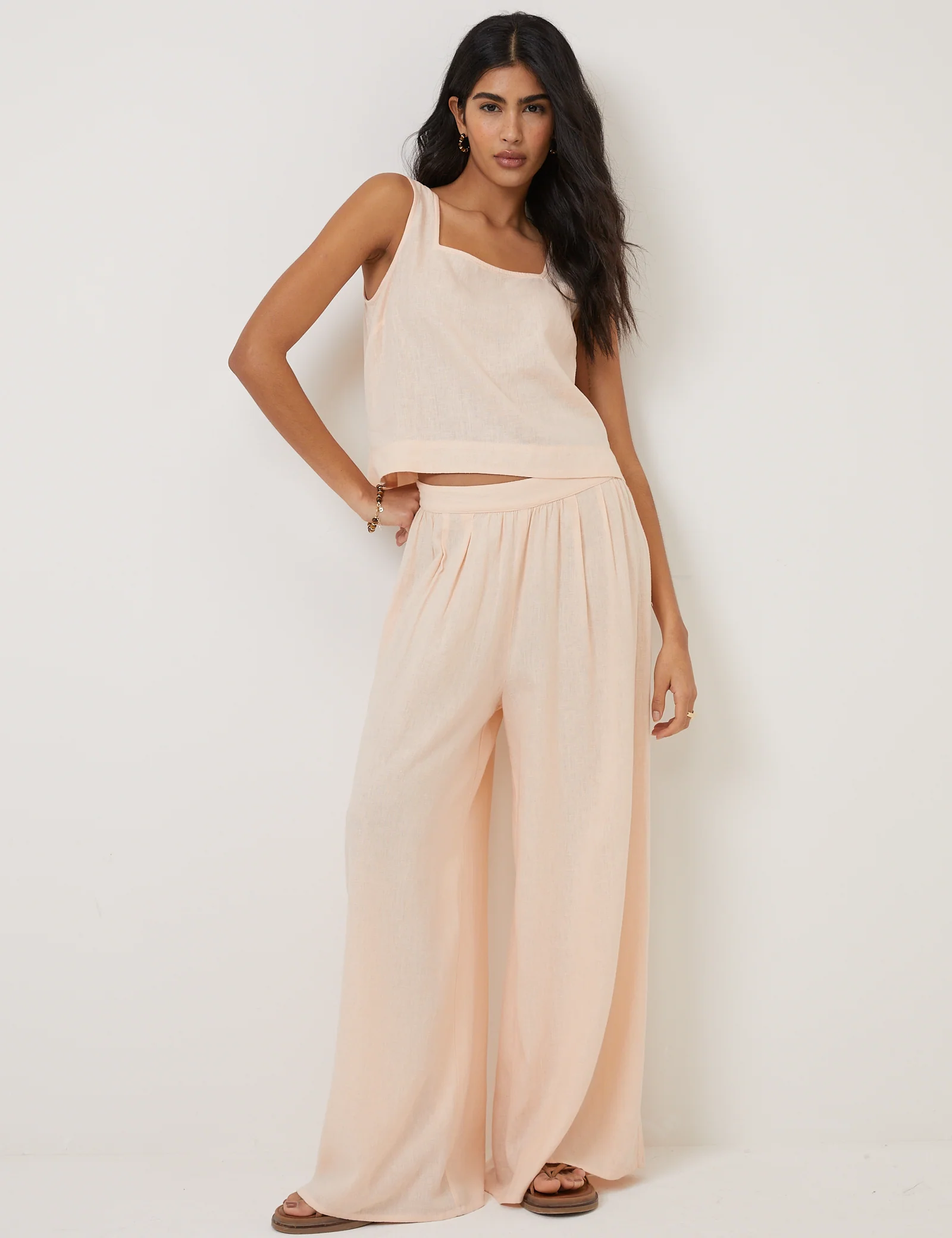Peach Linen-Blend Wide Leg Jerrow Trousers - Image 4