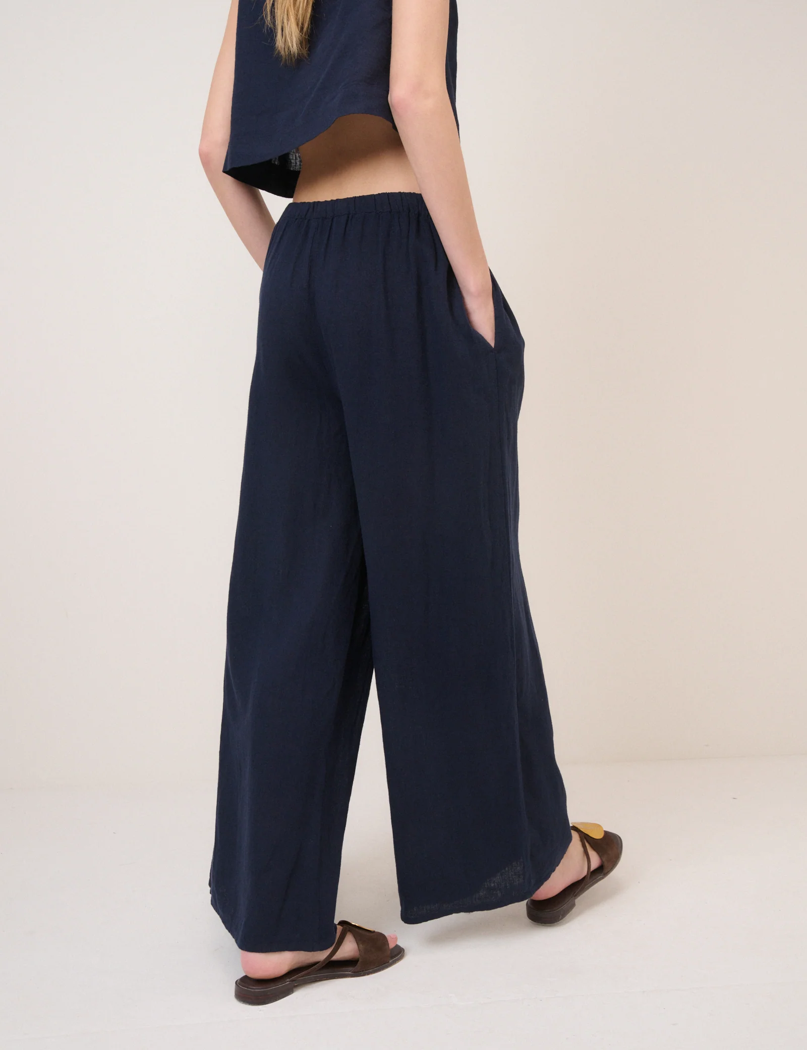 Navy Linen-Blend Wide Leg Jerrow Trousers - Image 4